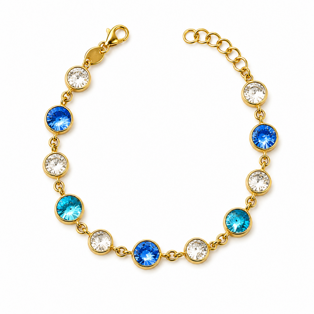 Selmira aqua Swarovski taşlı gold bileklik stüdyo çekimi
