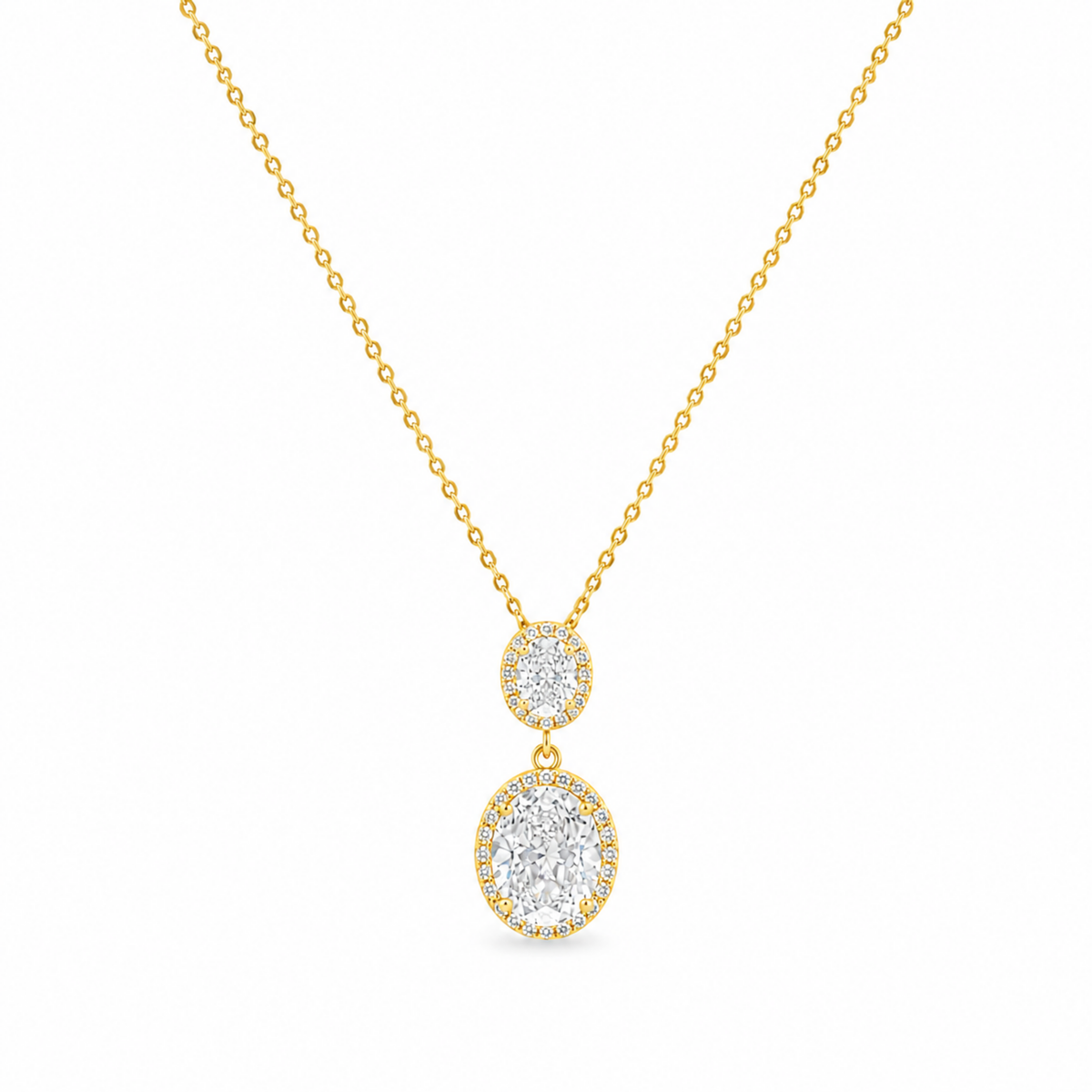 Beyaz fonda Lysara çift oval kesim şeffaf zirkon taşlı rodyum gold kaplamalı 925 ayar gümüş kolye
