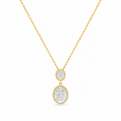Beyaz fonda Lysara çift oval kesim şeffaf zirkon taşlı rodyum gold kaplamalı 925 ayar gümüş kolye
