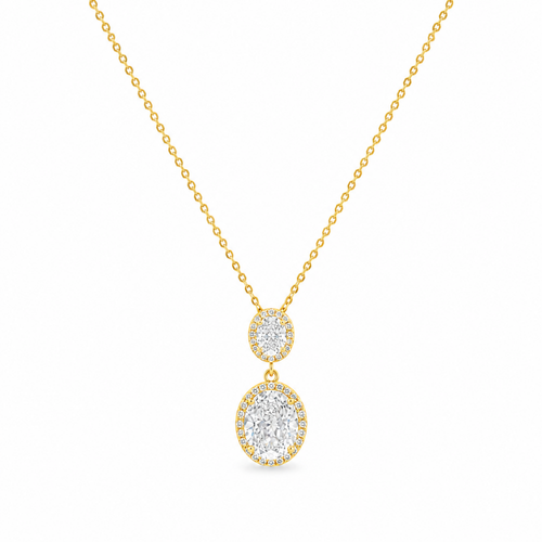 Beyaz fonda Lysara çift oval kesim şeffaf zirkon taşlı rodyum gold kaplamalı 925 ayar gümüş kolye
