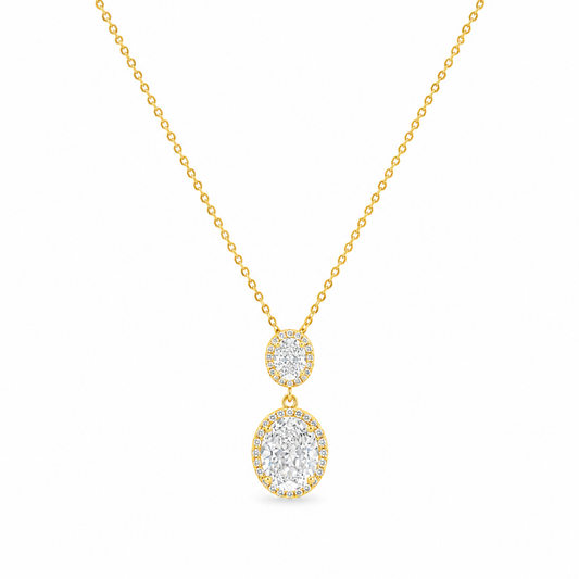 Beyaz fonda Lysara çift oval kesim şeffaf zirkon taşlı rodyum gold kaplamalı 925 ayar gümüş kolye
