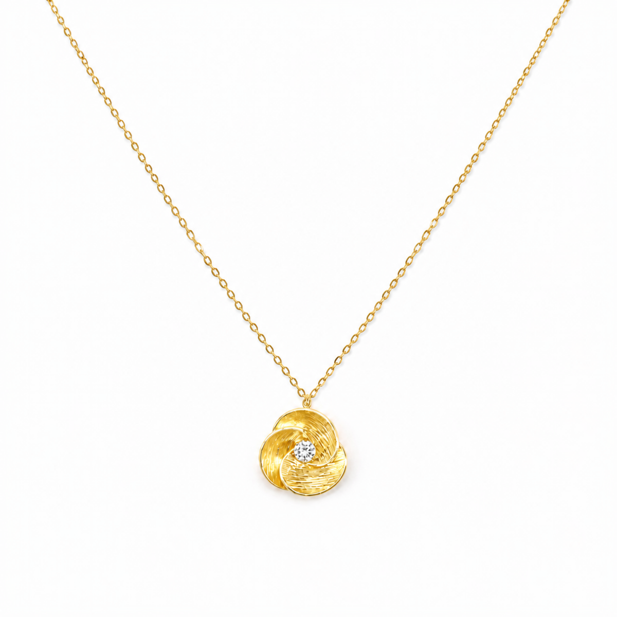 Beyaz fonda Vireona dokulu çiçek uçlu beyaz zirkon taşlı rodyum gold kaplamalı 925 ayar gümüş kolye
