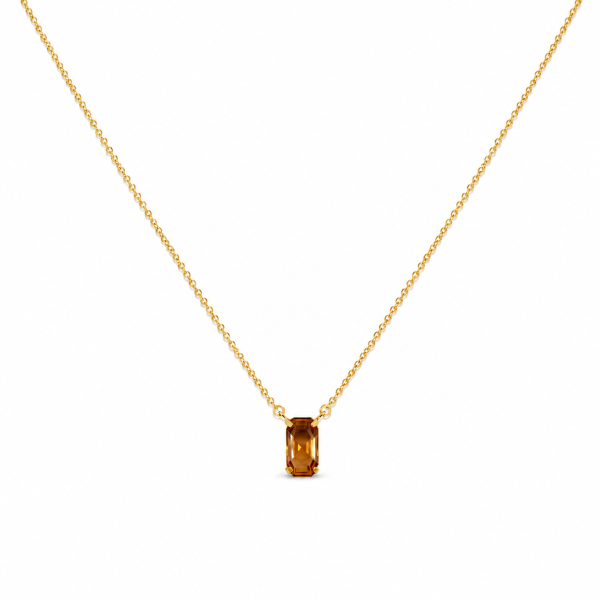 Beyaz fonda Alviera bal rengi dikdörtgen Swarovski taşlı gold 925 ayar gümüş kolye
