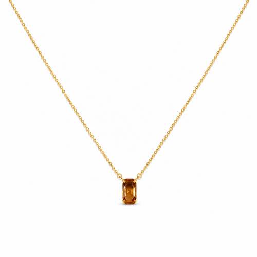 Beyaz fonda Alviera bal rengi dikdörtgen Swarovski taşlı gold 925 ayar gümüş kolye
