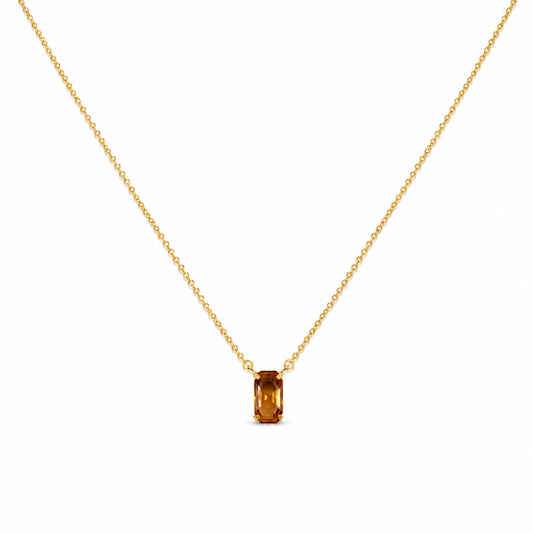 Beyaz fonda Alviera bal rengi dikdörtgen Swarovski taşlı gold 925 ayar gümüş kolye
