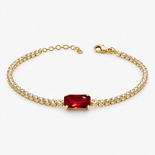 Celesse kırmızı Swarovski taşlı gold bileklik stüdyo çekimi
