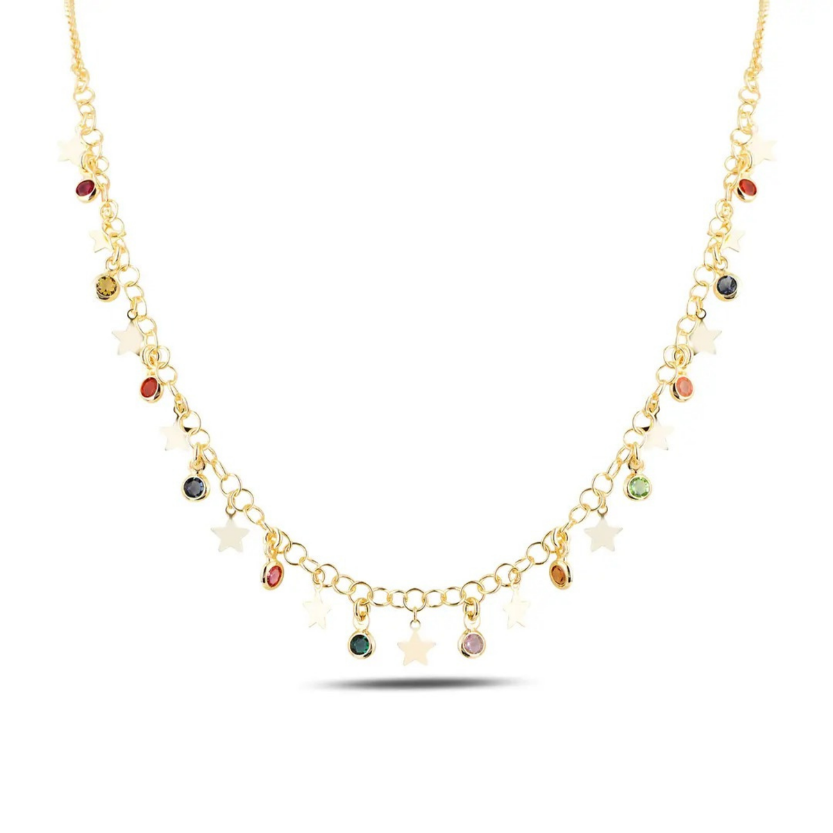 Vespera yıldız ve çok renkli Swarovski taşlı gold kolye stüdyo çekimi
