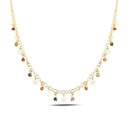 Vespera yıldız ve çok renkli Swarovski taşlı gold kolye stüdyo çekimi
