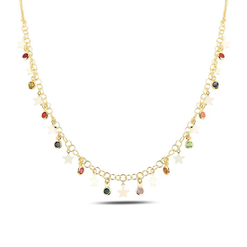 Vespera yıldız ve çok renkli Swarovski taşlı gold kolye stüdyo çekimi
