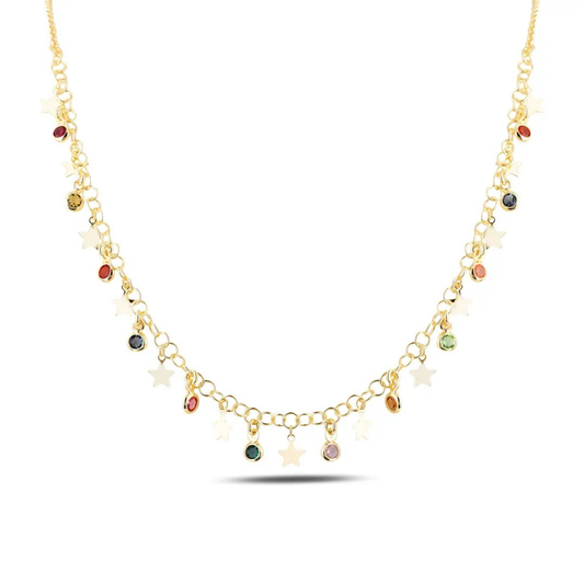Vespera yıldız ve çok renkli Swarovski taşlı gold kolye stüdyo çekimi
