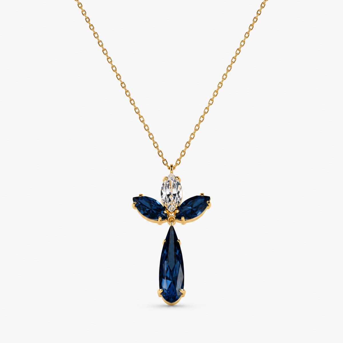 Serevia lacivert ve şeffaf Swarovski taşlı gold kolye stüdyo çekimi

