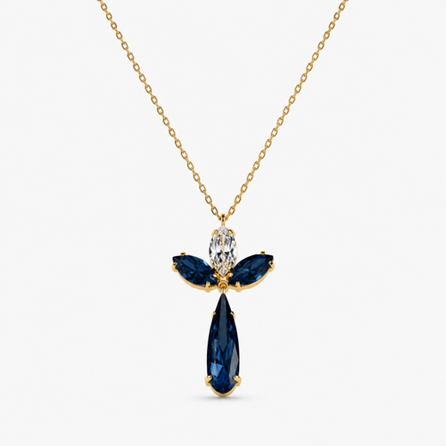 Serevia lacivert ve şeffaf Swarovski taşlı gold kolye stüdyo çekimi
