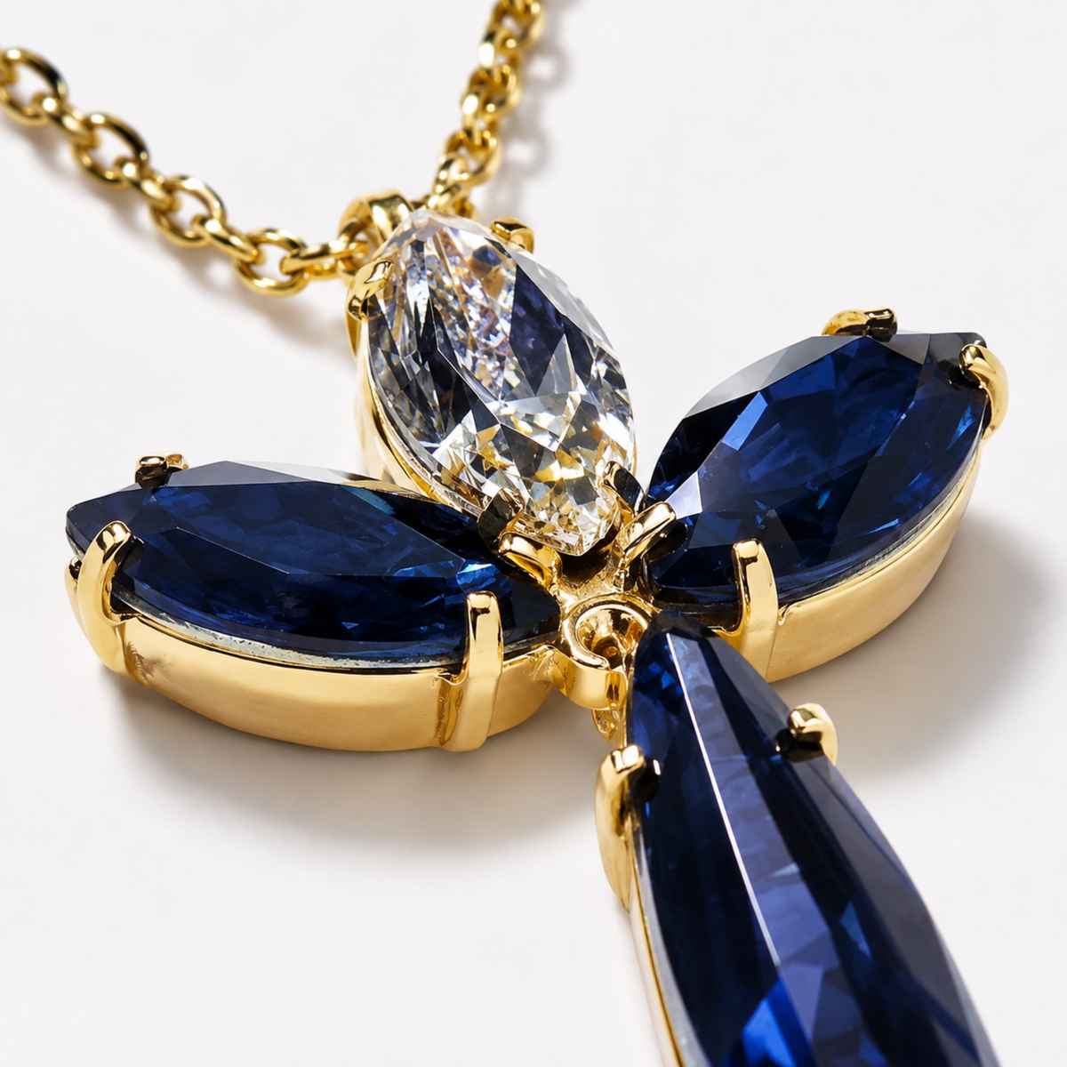 Serevia kanat ve uzun damla formlu Swarovski gold kolye yakın çekimi

