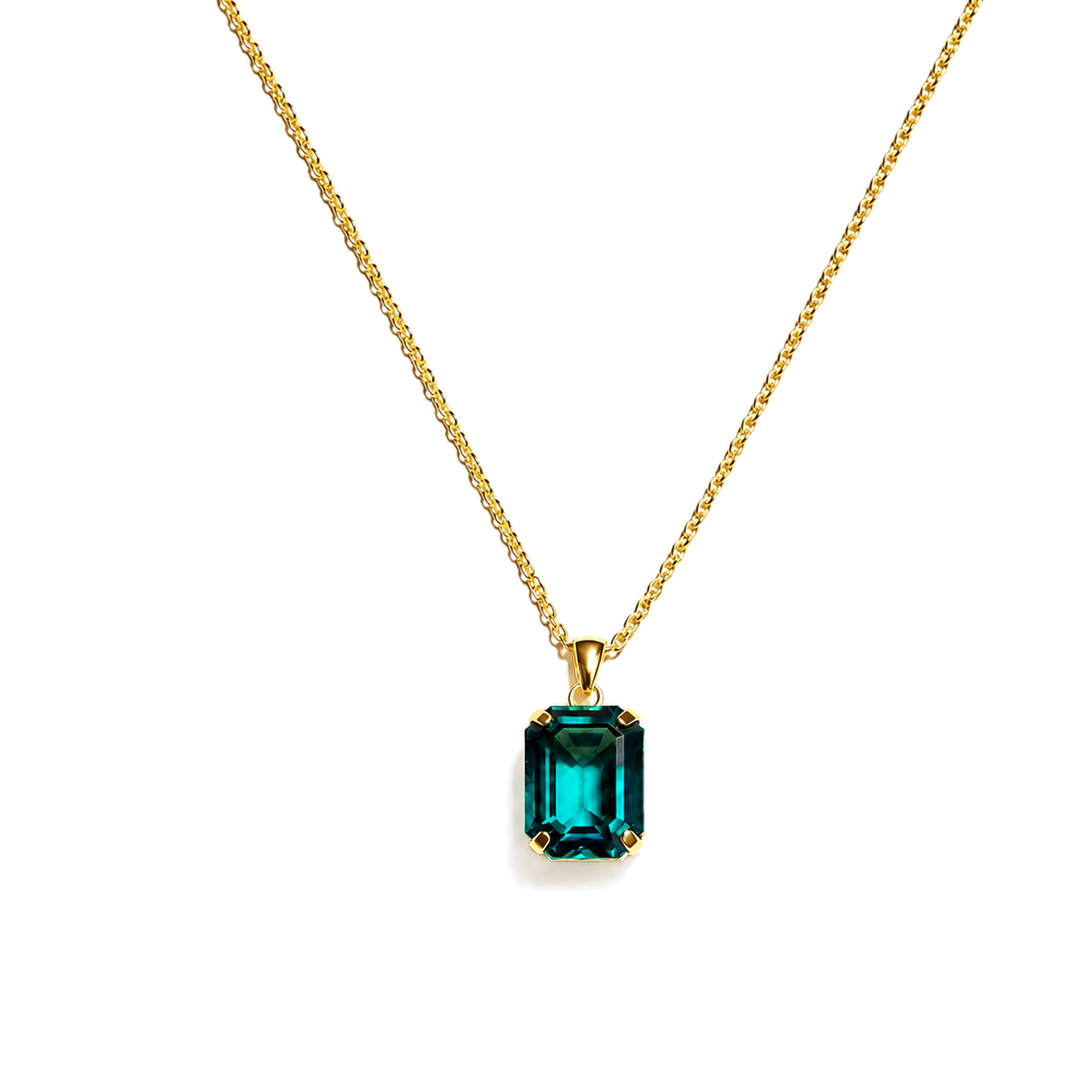 Esmeris zümrüt yeşili baget Swarovski taşlı gold kolye stüdyo çekimi

