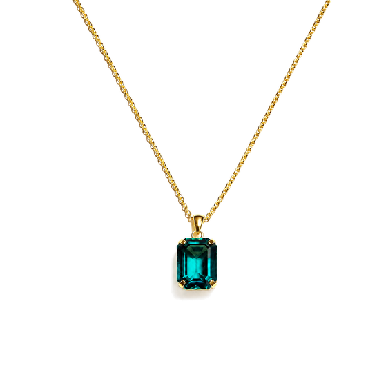 Esmeris zümrüt yeşili baget Swarovski taşlı gold kolye stüdyo çekimi
