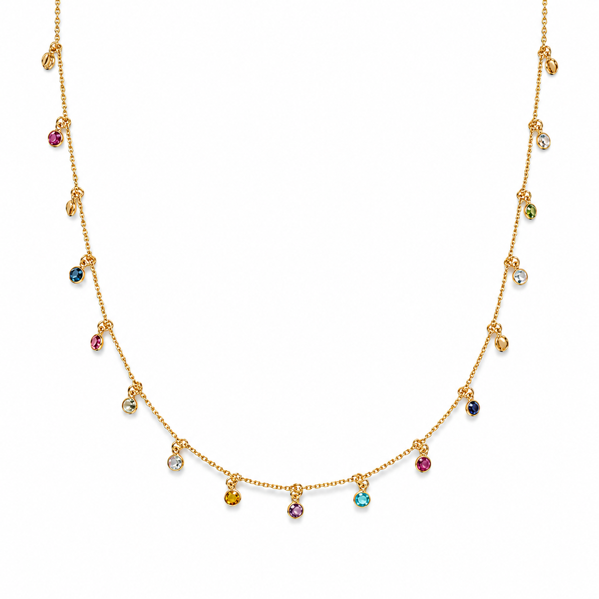Doralis sallantılı çok renkli Swarovski taşlı gold kolye stüdyo çekimi