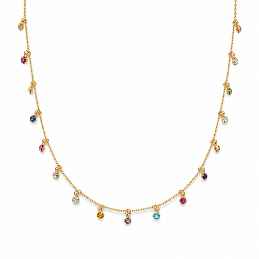 Doralis sallantılı çok renkli Swarovski taşlı gold kolye stüdyo çekimi