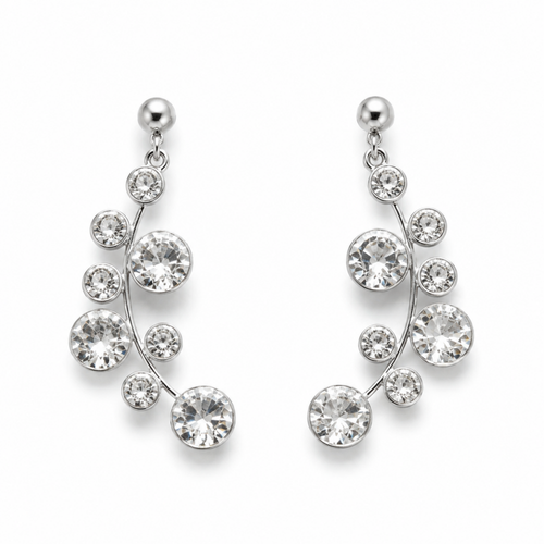 Roselle şeffaf Swarovski taşlı 925 ayar gümüş sallantılı küpe stüdyo çekimi