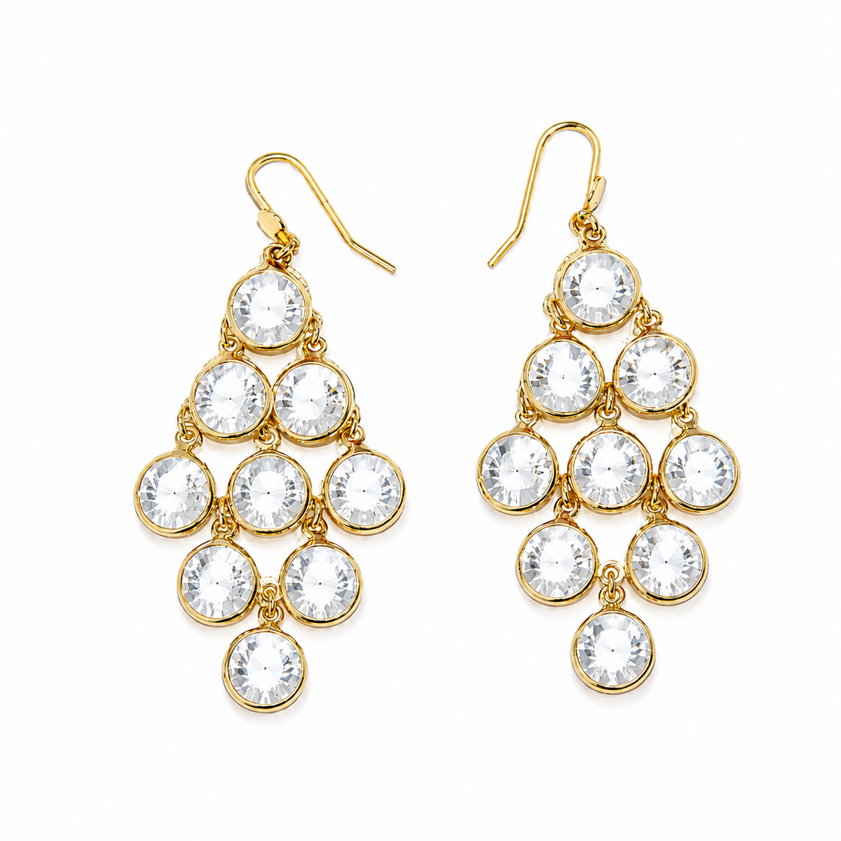 Coralie şeffaf Swarovski taşlı gold avize küpe stüdyo çekimi