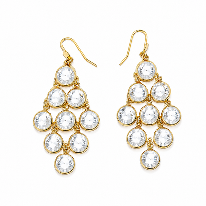 Coralie şeffaf Swarovski taşlı gold avize küpe stüdyo çekimi