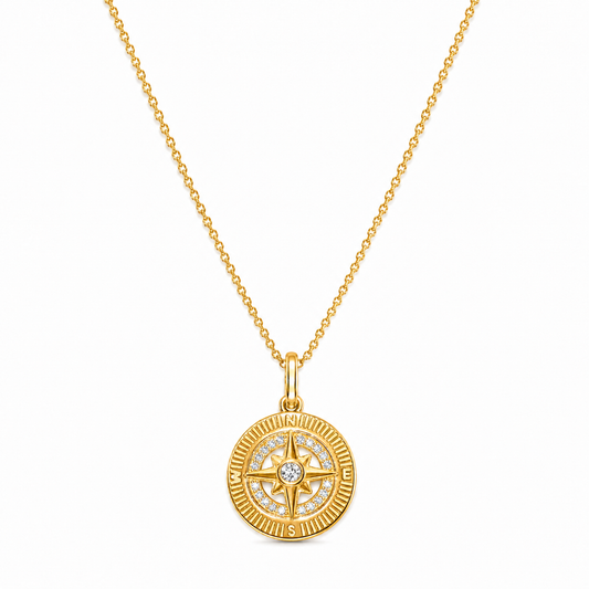 EYSSEA Astrea 925 ayar gümüş rodyum gold kaplama zirkon taşlı pusula kolye stüdyo ürün görseli