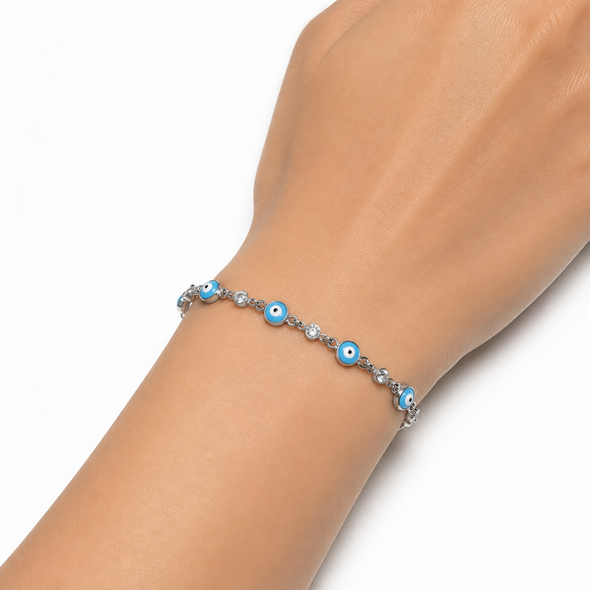 Nazelle Blue Bileklik kadın bileğinde, 16 + 3 cm ayarlanabilir açık mavi nazar boncuklu gümüş bileklik
